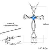 S925 Sterling Silver Cross Pendant Heart Necklace with Blue Birthstone Women Girls Jewelry
