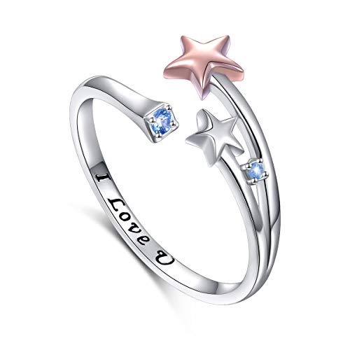 925 Sterling Silver Adjustable Rose Gold Plating Star Open Ring With Black Engrave I Love You