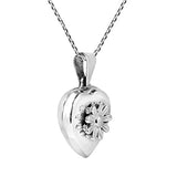 Daisy in Full Bloom Heart Pendant Locket 925 Sterling Silver Cable Necklace