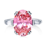 Rhodium Plated Sterling Silver Pink Oval Cut Cubic Zirconia CZ Statement 3-Stone Anniversary Engagement Ring