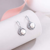 925 Sterling Silver CZ 6MM Freshwater Cultured Pearl Luxury Bridal Rhombus Dangle Earrings