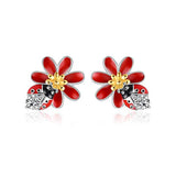 Silver Sunflower Ladybug Stud Earrings