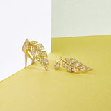 Yellow Gold plated  Leaf Olive Branch Feather Cubic Zirconia Dangle Earrings Fashion Jewelry