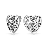 Swirl Filigree Scroll Heart Shaped Stud Earrings For Women For Girlfriend 925 Sterling Silver