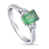 Rhodium Plated Sterling Silver 3-Stone Anniversary Promise Engagement Ring Made with  Zirconia Green Emerald Cut