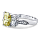 Rhodium Plated Sterling Silver Canary Yellow Cushion Cut Cubic Zirconia CZ 3-Stone Anniversary Engagement Ring