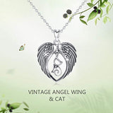 Cat Necklace for Women 925 Sterling Silver Cute Kitten Angel wings Pendant Necklace Gifts for Cat Lover - 18Inch Chain