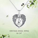 925 Sterling Silver Cute Angel Wing and Kitten Pendant, Christmas Gifts for Cat Lover - 18inch Chain