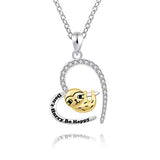 Silver Happy Sloth Animal Heart Pendant Necklace