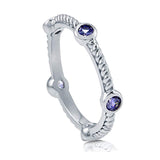 Rhodium Plated Sterling Silver Simulated Blue Tanzanite Cubic Zirconia CZ Stackable Bubble Cable Anniversary Fashion Right Hand Band