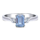 Rhodium Plated Sterling Silver 3-Stone Anniversary Promise Ring Made with Zirconia Blue Emerald Cut