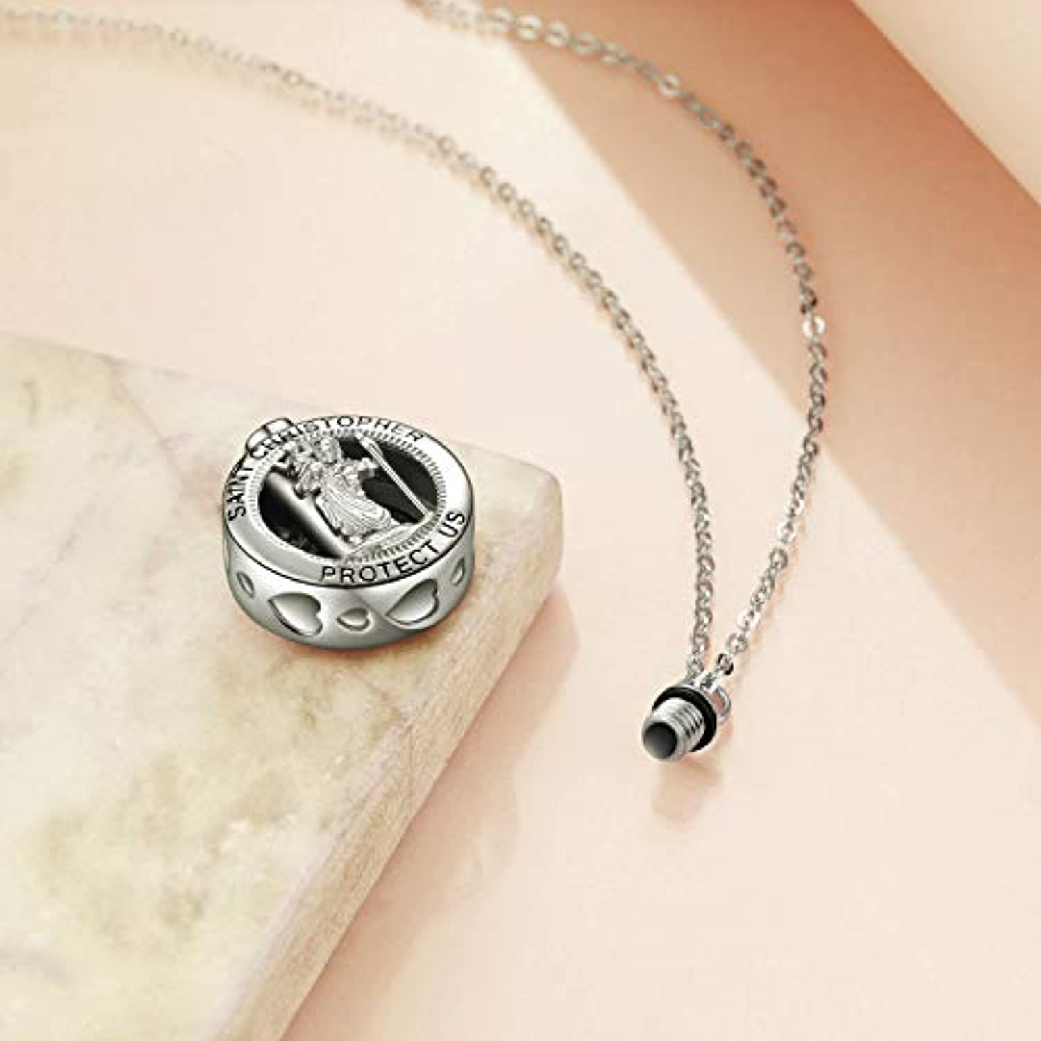 Saint Christopher Protect Us Necklace Urn Necklace for Ashes 925 Sterling Silver Religious Engraved Medallion Pendant Necklace Jewelry