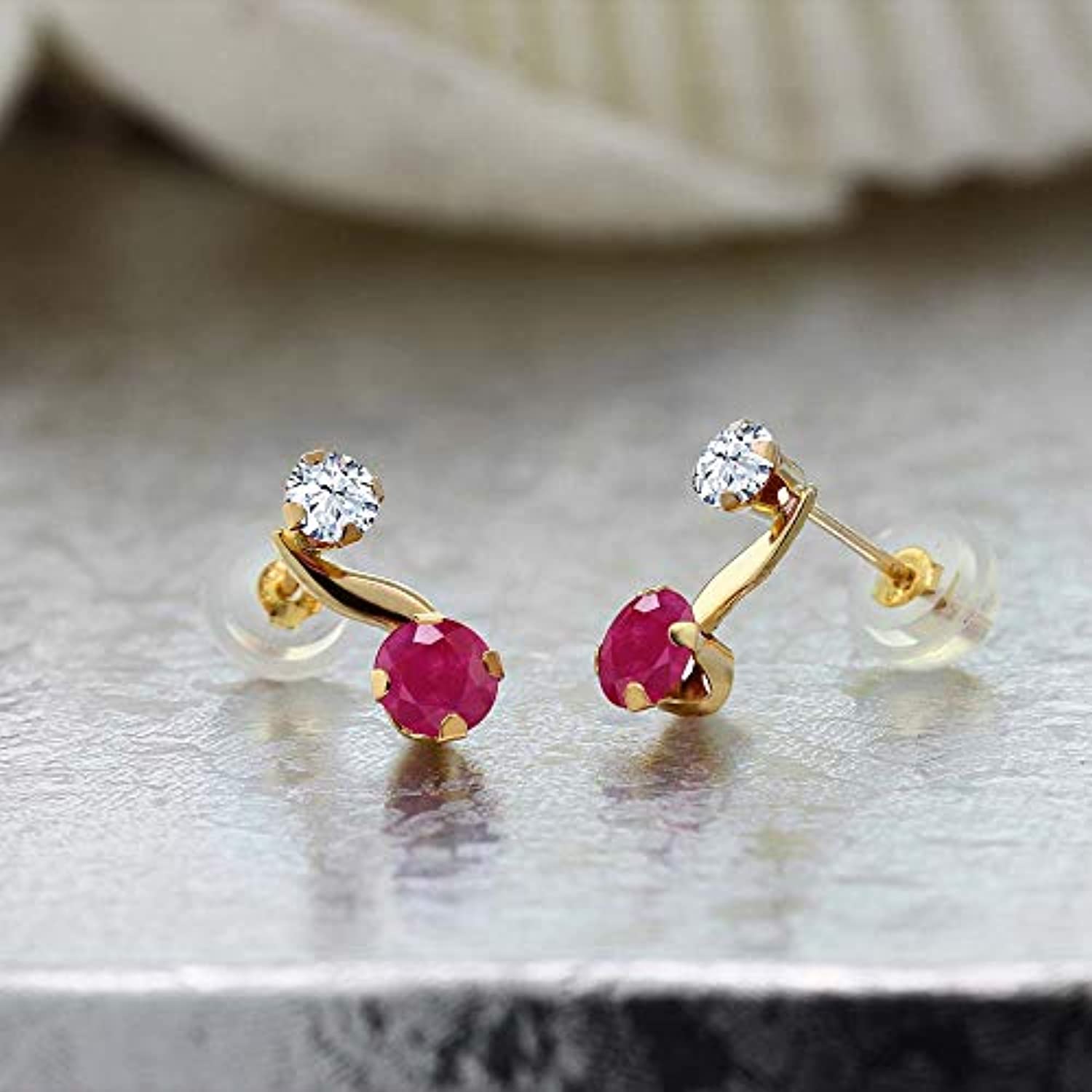 14K Gold Red Ruby Round White Zirconia Gemstone Birthstone Stud Earrings For Women