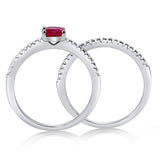 Rhodium Plated Sterling Silver Red Cushion Cut Cubic Zirconia CZ Solitaire Engagement Wedding Ring Set