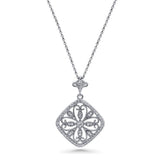  Silver  CZ Flower Art Deco Filigree  Pendant Necklace
