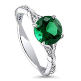 Rhodium Plated Sterling Silver Green Round Cubic Zirconia CZ Solitaire Promise Ring