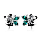 Silver Cute Panda Animal Stud Earrings Swarovski Crystals 