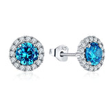 925 Sterling Silver Round Gemstone CZ Created Emerald Sapphire Amethyst Aquamarine Halo Stud Earrings
