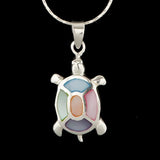 925 Sterling Silver Multi-Colored Mother of Pearl Shell Sea Turtle Pendant Necklace