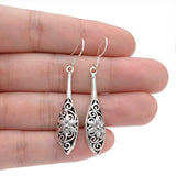 Women's 925 Sterling Silver Bali Inspired Flower Filigree Puffed Teardrop Dangle Hook Earrings
