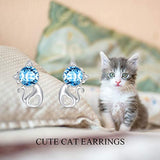 925 Sterling Silver Cute Cat  Animal Stud Earrings with Crystals For Women