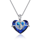Silver Mother Child Love Necklace with Blue Heart Swarovski Crystals