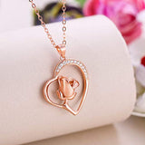 925 Sterling Silver Cubic Zirconia Romantic Love Heart Rose Flower Pendant Necklace for Women