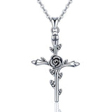  Silver Vintage Christian Rose Cross Pendant Necklace