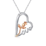 S925 Sterling Silver Rose Flower Love Heart Pendant Necklace Jewelry for Women