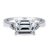 Rhodium Plated Sterling Silver Emerald Cut Cubic Zirconia CZ 3-Stone East-West Promise Engagement Ring