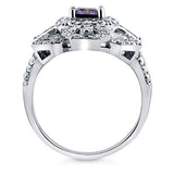 Rhodium Plated Sterling Silver Simulated Amethyst Cubic Zirconia CZ Statement Art Deco Cocktail Fashion Right Hand Ring