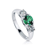 Rhodium Plated Sterling Silver Simulated Emerald Round Cubic Zirconia CZ 3-Stone Anniversary Promise Engagement Ring