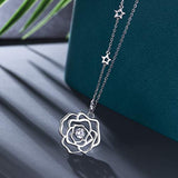 925 Sterling Silver Cubic Zirconia Rose Flower Pendant Necklace