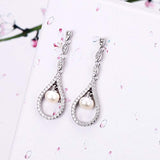 925 Sterling Silver CZ 4MM Freshwater Cultured Pearl Wedding Open Teardrop Dangle Earrings
