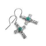 925 Oxidized Sterling Silver Filigree Cross Simulated Turquoise Stone Dangle Hook Earrings