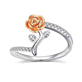 Rose Ring for Women S925 Sterling Silver  Rose Gold Flower with Leaves Cubic Zirconia Wrap Spoon Ring