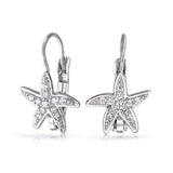 Nautical Ocean Beach Cubic Zirconia Pave CZ Leverback Starfish Drop Earrings For Women 925 Sterling Silver