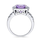 Rhodium Plated Sterling Silver Purple Cushion Cut Cubic Zirconia CZ Statement Halo Cocktail Fashion Right Hand Ring