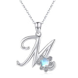  Silver Moonstone Necklace with Lotus Letters M 26 Alphabet Pendant Necklace