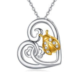 Ladybug in Flower Heart Sterling Silver Heart Pendant Necklace