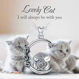 Cat Necklace  925 Sterling Silver Cat on moom with Flower Pendant, Gifts for Cat Lover - 18Inch Chain