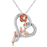  Silver Rose Flower Love Heart Pendant Necklace