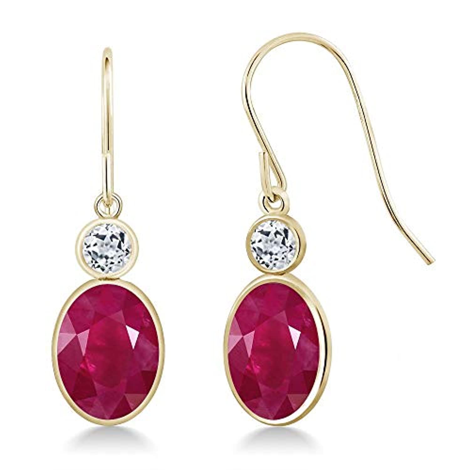 14K Gold Oval Red Ruby and White Topaz Dangle Drop Earrings