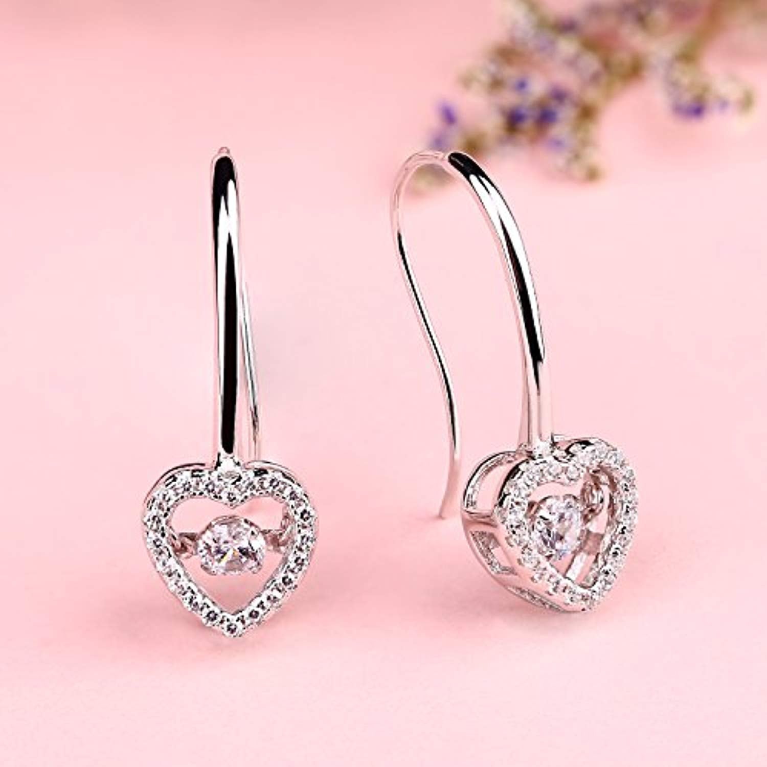 Heart Dangle Hook Earrings Sterling Silver Dancing Diamond Drop Earring Cubic Zirconia Jewelry