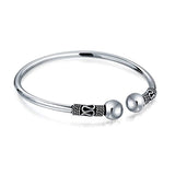 Bali Style Round Ball Tips Stacking Bangle Cuff Bracelet For Women For Teen Polished And Oxidized 925 Sterling Silver