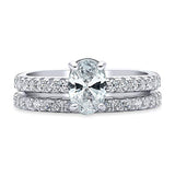 Rhodium Plated Sterling Silver Solitaire Engagement Wedding Ring Set Made with Swarovski Zirconia Oval Cut
