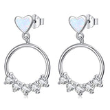 Silver  White Opal  Heart CZ Dangle Drop Earrings