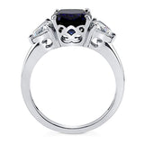 Rhodium Plated Sterling Silver Simulated Blue Sapphire Cushion Cut Cubic Zirconia CZ 3-Stone Anniversary Engagement Ring
