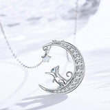 Cat Moon Pendant Necklace with Opal Star Light,  925 Sterling Silver Forever Love Sparkling Crescent Jewelry Gift for Women Girls