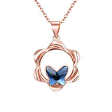 925 Sterling Silver Rose Gold-Tone crystals Flower Butterfly Adjustable Pendant Necklace